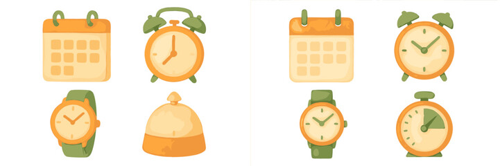 Colorful illustrations of clocks and calendars in various styles designed for time management and organization themes