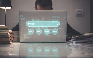 Businessman writing a prompt on a futuristic virtual screen to command a generative AI tool