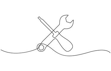 Continuous one line drawing of Screwdriver and wrench engineer equipment. EPS 10