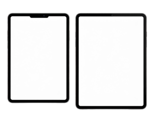 Two blank, modern tablets side-by-side, displaying white screens, dark frames
