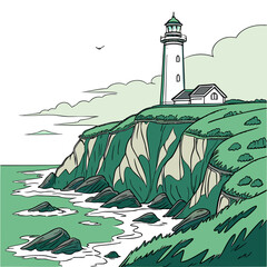 Coastal lighthouse standing tall on a grassy cliff overlooking the ocean with waves crashing against rocks below