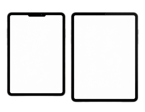 Two blank, modern tablets side-by-side,  displaying white screens, dark frames