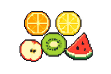 Colorful pixel art featuring various fruits including oranges, lemons, kiwi, apple, and watermelon