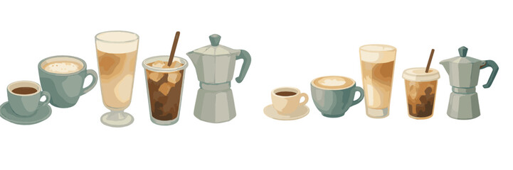 Array of coffee drinks and brewing equipment displayed on a clean white background showcasing different preparation methods and types