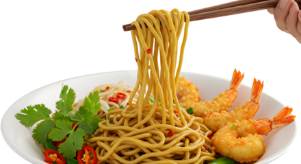 Delicious crispy fried shrimp served with noodles and fresh herbs, perfect for Asian cuisine lovers and seafood dishes
