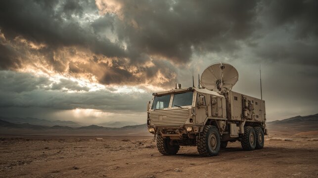 desert military truck satellite storm