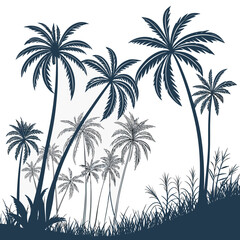 Silhouette of lush palm trees and tropical foliage against a clean white background