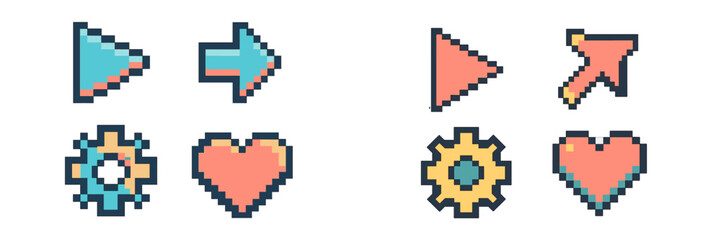 Collection of pixel art icons featuring arrows, gears, hearts, and play buttons in bright colors on a white background