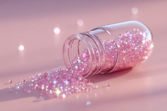 Sparkling pink crystals spilling from a glass jar on a soft pink background with bokeh lights.