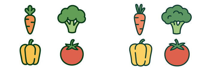 Colorful vegetable illustrations showing carrots, broccoli, bell peppers, and tomatoes in a fun and playful style