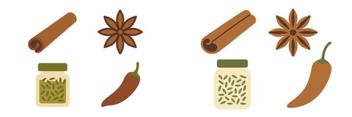 Variety of spices and herbs displayed in simple illustrations suitable for cooking and culinary use