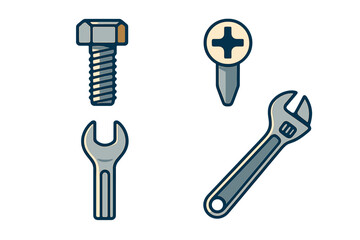 Collection of hardware tools including a bolt, screw, wrench, and screwdriver arranged in a clear layout