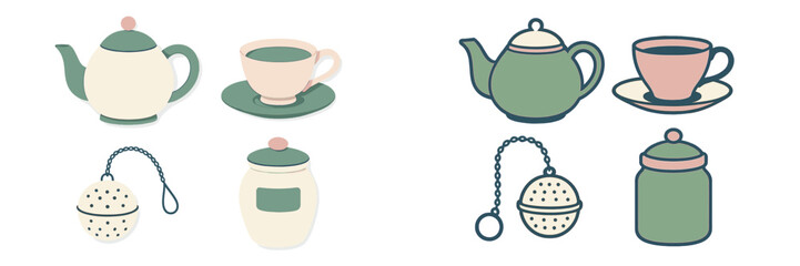 Vintage tea set with teapots, cups, and infusers in pastel colors arranged in a chic layout for a cozy afternoon tea