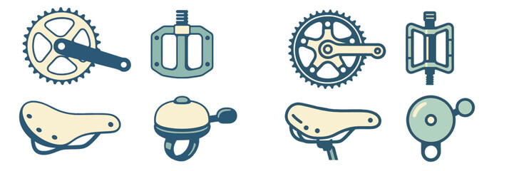 Bicycle parts including pedals, crankset, saddle, and bell displayed in a simple design for cycling enthusiasts and mechanics