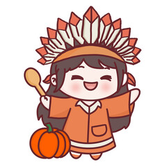 Cute Chibi Girl with Pumpkin and Spoon for Harvest Thanksgiving Illustration