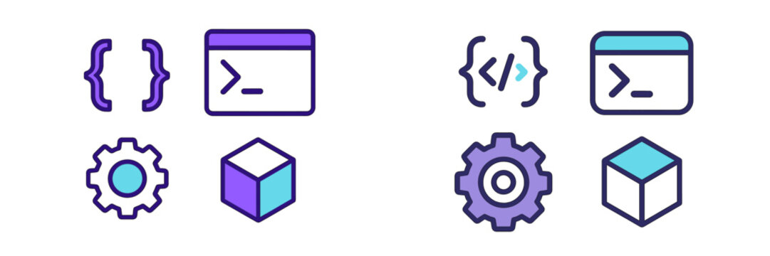 Vector illustrations of coding symbols, software tools, and programming elements for tech design projects