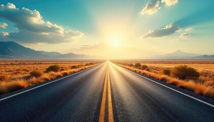 Endless asphalt ribbon vanishing into a hazy horizon, sun-drenched landscape, perfect for travel, adventure, and freedom themes A scenic route leading to the unknown , adventure, rural