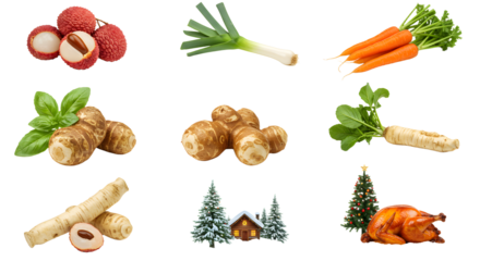 Fresh root vegetables including lychee, ginger, carrot, parsnip, and spring onion with holiday elements like pine trees, cabin, and roast turkey - perfect for seasonal cooking and festive meals