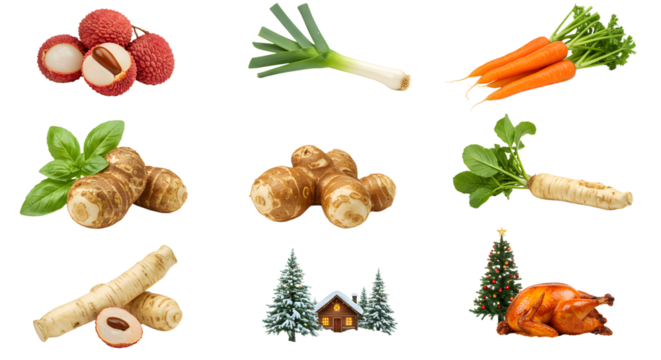 Fresh root vegetables including lychee, ginger, carrot, parsnip, and spring onion with holiday elements like pine trees, cabin, and roast turkey - perfect for seasonal cooking and festive meals