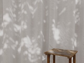 Empty Wooden chair with Natural Light and Shadow on Fabric Curtain Background 2