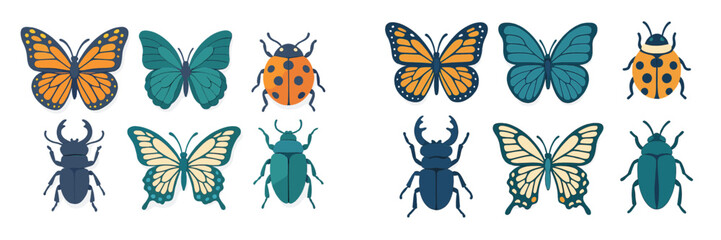 Colorful collection of illustrated insects featuring butterflies, beetles, and ladybugs on a white background