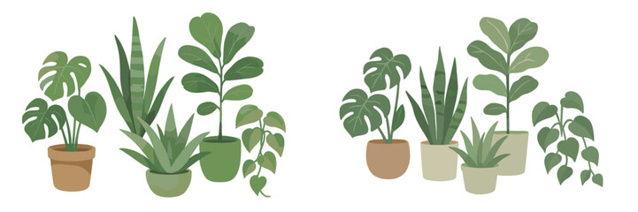 Indoor plants in various pots create a lush green atmosphere in a modern living space