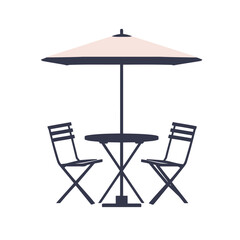 Fototapeta premium Wooden patio furniture, like a table and chairs, or beach chairs and an umbrella, provides an empty seat for relaxation in the summer