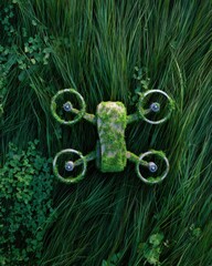 Abandoned drone covered in moss and ivy lying in tall grass, nature slowly reclaiming it, surreal peaceful post human world