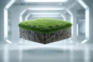 Fototapeta premium A conceptual rendering of a green patch of grass with visible soil, suspended in a modern, sterile white corridor, representing sustainability and environmental awareness.
