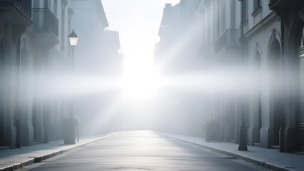 A misty city street with rays of sunlight