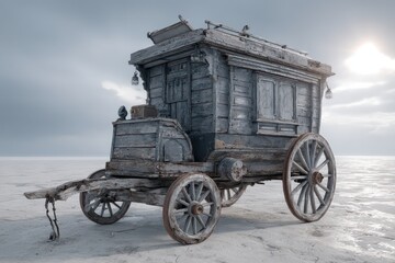 Fototapeta premium An exquisitely detailed rendering of an antique wooden caravan on a barren landscape, bathed in a soft, diffused light, revealing intricate craftsmanship and weathered textures.