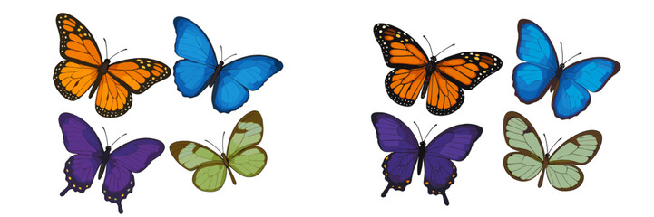 Colorful butterflies in various shades and patterns displayed against a white background create an eye-catching scene for nature lovers