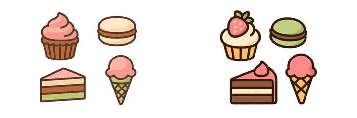 Delicious desserts displayed on a table, featuring colorful cupcakes, ice cream cones, and layered cakes during a cheerful celebration