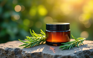 Amber jar rosemary cream stone outdoor sunlight image