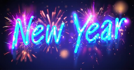 Bright neon text spells New Year amid vibrant fireworks. Festive illumination creates celebratory mood. Colorful sparks enhance visual appeal.