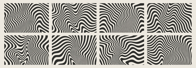 Set of abstract black and white op art wavy line backgrounds, optical illusion design