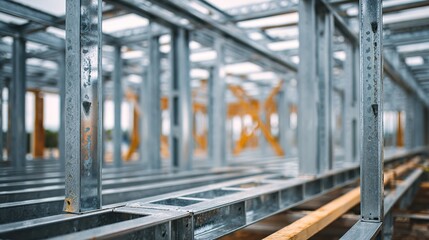 Fototapeta premium girders. Steel frame structure under construction with ambient lighting and minimal background, real-estate listings.
