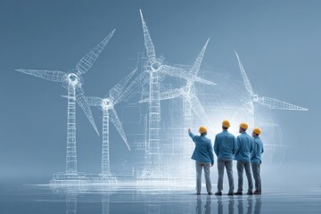 A group of engineers looking at windmill infrastructure design, innovative energy solutions, sustainable and efficient power generation, futuristic architecture concept