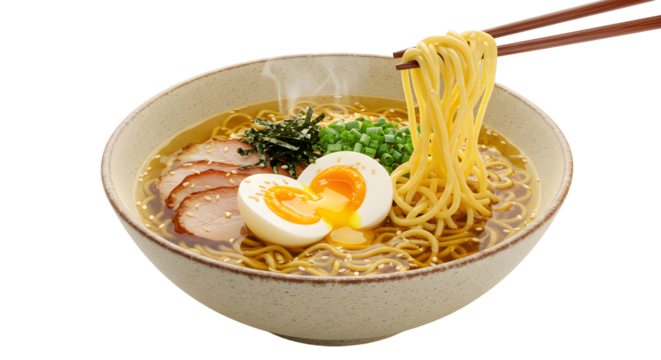 Hot steaming bowl of ramen noodles with soft boiled egg, sliced pork, green onions, and seaweed in ceramic bowl, perfect for Asian cuisine menus