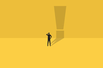 Business solution or strategy vector concept with businessman and exclamation mark on wall. Symbol of planning, business future. Eps10 illustration