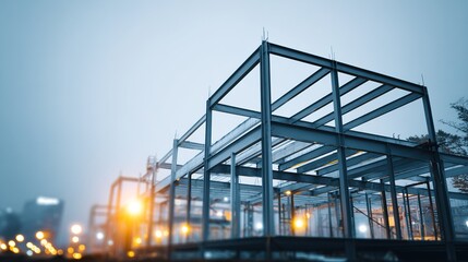 girders. Steel frame structure under construction with ambient lighting and minimal background, real-estate listings.