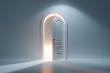 An open door with a bright light glowing through it, illuminating a minimalist, white room, inviting opportunity and new beginnings with a hopeful and serene atmosphere.