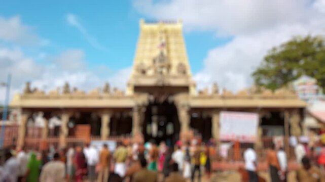 Bokeh view of Sri Arulmigu Ramanathaswamy Temple in Rameshwaram, India. Blurred background footage.