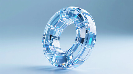 Transparent crystalline ring with geometric facets, illuminated against a soft blue background