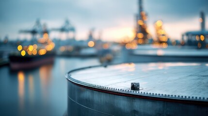 Medium shot of an aboveground petroleum storage tank with sharp detail on the tank surface while the industrial background is softly blurred for emphasis