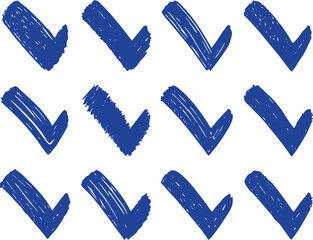 Abstract blue background with a glossy checkmark  icon and a downward-pointing arrow