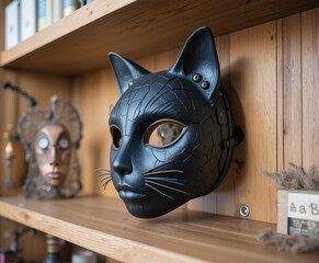 Artistic black cat mask displayed on a wooden shelf, showcasing unique craftsmanship and creative design