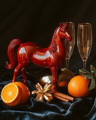 A stylish figurine of the Fire Horse, the symbol of 2026. Crafted from glossy red lacquer and inlaid with gold leaf, it sits elegantly amid champagne flutes, dried oranges, and cinnamon sticks on dark