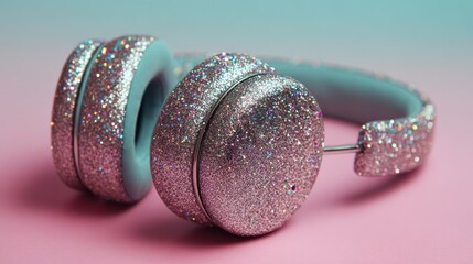 Glittery pink headphones on pastel background