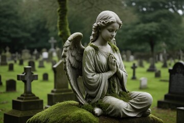Obraz premium Engelstatue auf Grabstein in einem Friedhof, symbolisiert Trauer und Gedenken